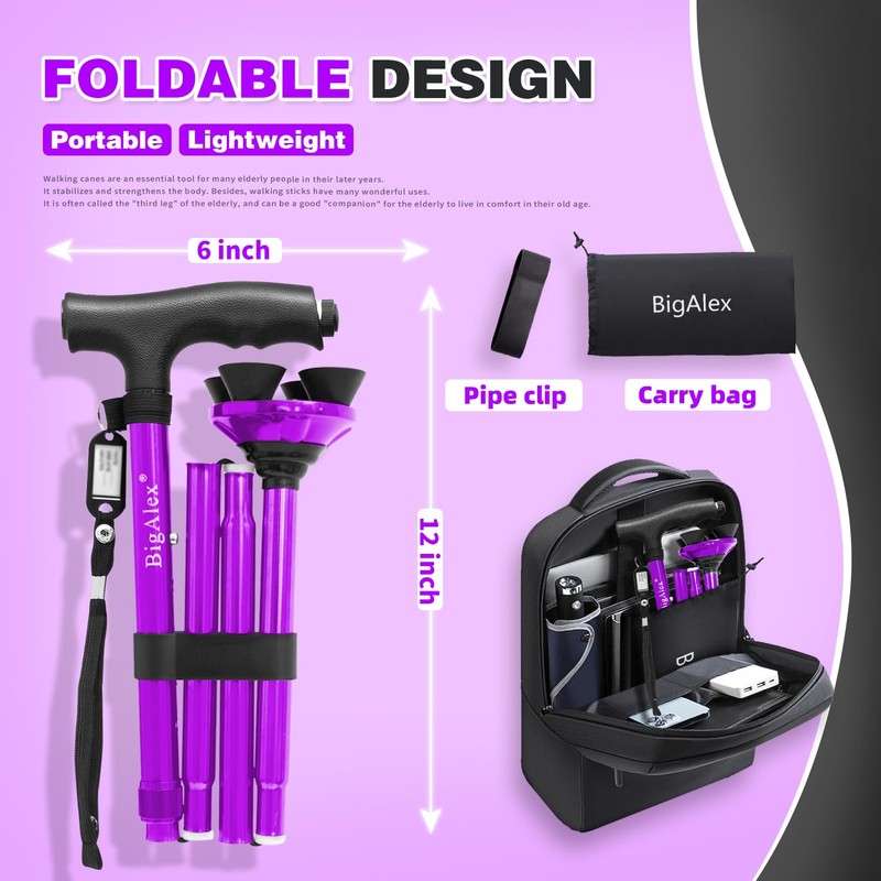BigAlex Folding Walking Cane with LED Light,Pivoting Quad Base,Adjustable Walking