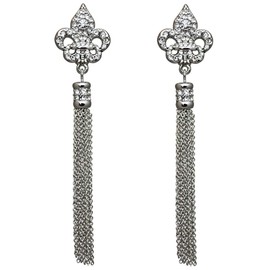 Ritzy Couture Women’s Enamel Royal Pave Fleur-de-lis Crystal Tassel Earrings (Silvertone) (Clip)