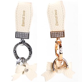 2PCS With Bling Rhinestones White Leather Car Keychain,Bow Keychain for Women, Universal Key Fob Holder