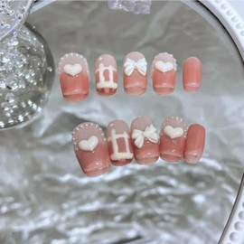 100% Hand-painted Cute Pink Bow Heart Y2K Korean Japanese Douyin Inspired 3D Short Gemstones Durable Reusable Gel Acrylic Press-on Nails 10 pc set (XS)