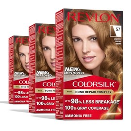 REVLON Revlon ColorSilk with Bond Repair Complex, Permanent Hair Color, 100% Gray Coverage, Ammonia Free Hair Dye, Vegan Keratin, 57 Lightest Golden Brown (Pack of 3)