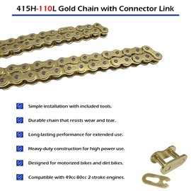GOLKNHA 415H-110L Gold Chain with Connector Link for 49cc 60cc 66cc 80cc 2-Stroke Engine Motorized Bicycle Heavy Duty Racing Chain with 6 Chain Links with Chain Breaker