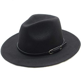 QUUPY Women Classic Wide Brim Fedora Hat with Belt Buckle Felt Wool Panama Hat Jazz Hat Cap Black