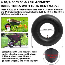 AR-PRO 4.10/4.00/3.50-6 Inner Tubes with TR-87 Bent Valve, Replacement 13x4.00-6 Heavy-Duty Tubes for Lawn Mowers, Tractors, Wheelbarrows, Hand Trucks, Yard Trailers, Snow Blowers and More – 2 Pack