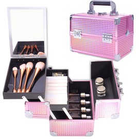 Makeup Train Case Lightweight Cosmetic Box Portable Lockable Makeup Case Organizer 2 Trays Makeup Storage with Mirror Locking for Traveling Makeup Storage Box-Pink