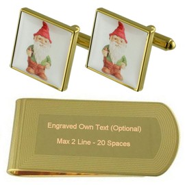 Gardener Gnome Gold Engraved Money Clip and Cuff Links Gift Set