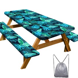Picnic Table Cover with Bench Covers Camping Essentials Waterproof Windproof Camping Tablecloth with Drawstring Bag, Fitted Rectangle Tables and Seats, 72in, Green Leaf