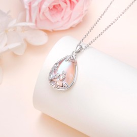 Ladytree 925 Sterling Silver Teardrop Mother and Daughter Created Moonstone Pendant Necklace Mother’s Day Birthday Gifts for Women, Sterling Silver, created moonstone