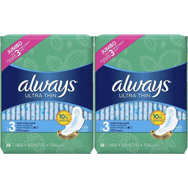 Always Ultra Thin Feminine Pads for Women, Size 3, Extra Long, Super Absorbency, with Wings, Unscented, 38 Count (Pack of 2) 76 Pads Total
