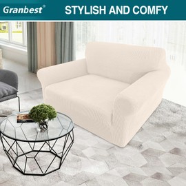 Granbest High Stretch Armchair Covers Super Soft Chair Covers for Living Room Jacquard Sofa Cover for Dogs Non Slip Chair Slipcover with Arms Furniture Protector (1 Seater, Light Beige)