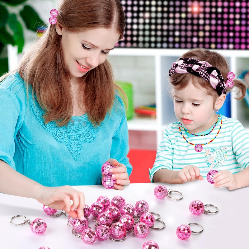 50Pcs Pink Disco Ball Keychain, Mini Small Pink Mirror Disco