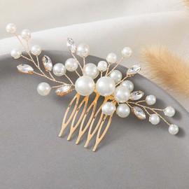 Qiansail Pearl Hair Comb Wedding Crystal Side Combs Bride Rhinestone Headpiece Hair Accessories for Women and Girls (Gold)