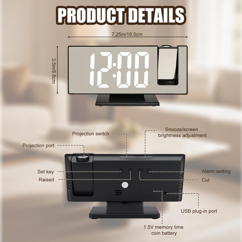 Lichamp Projection Alarm Clocks Bedside,180° Rotatable Projector Mirrorautomatic Brightness,LED Digital