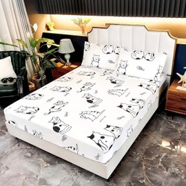 SDY 3PCS Black and White Cat Bedding Sheet Set, Cartoon Cat Sheets, Cooling Soft Easy Care, Bedding Decor Set with Deep Pocket Fitted Sheet & 2 Pillowcases for Boys, Girls and Teens, Full