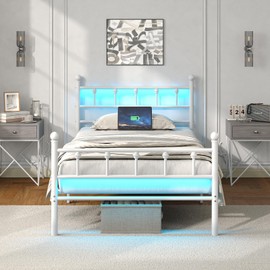 Sevenvanity Twin Bed Frame with Headboard and Footboard,Heavy Duty Steel Slats Support Metal Bed Frame with Charging Station, Grey