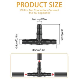 Rolcoassuns 100pcs Drip Irrigation 1/4" Universal Barbed Tee Fittings, 1/4 Inch Barbed Connectors Drip Irrigation Fittings for 4mm/7mm Water Tube Drip Irrigation Watering System