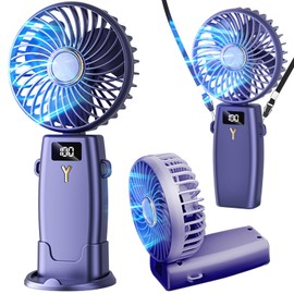 ZEOEZHBI Portable Handheld Fan, Rechargeable Mini Personal Small Pocket Fan with Base, Battery Operated Makeup Fans for Women with 5 Speeds & LED Display Handheld/Neck/Desk Fan for Outdoor, Blue