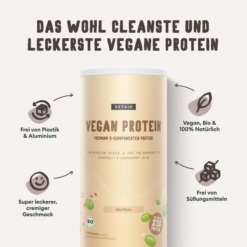 VETAIN Vegan Protein Powder, Neutral, 23 g Protein per Serving,