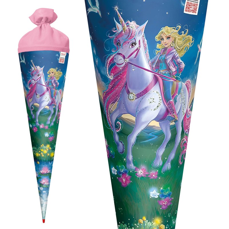 ROTH Motiv-Schultüte, Magische Einhornreiterin, 70 cm, rund, Rot(h)-Spitze, Filzverschluss, Glitter