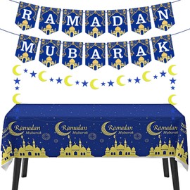 Ramadan Decorations 2025, Fufuddz Eid Mubarak Table Cloth Plastic Disposable Table Cover Rectangle Tablecloth & Ramadan Kareem Banner Moon Star Garland for Islamic Party Decor Gifts for Women