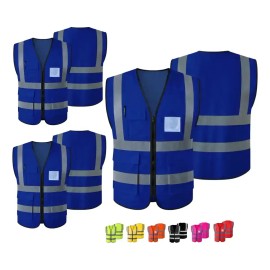 Chaleco Reflejante Seguridad Vehicular Trabajo Industrial Brigadista 4 Tiras Reflectantes Bolsillos Multifuncionales Unisex Cierre Industria Alta Visibilidad Azul 3 Pzs