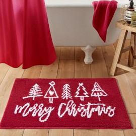Merry Christmas Bath mat Washable Non Slip, 20’’W x 32’’L Cute Vibrant Red Modern Christmas Tree Bathroom Rugs Decor, Absorbent Shaggy Microfiber Xmas Holiday Winter Bath Rug Shower Floor Mat