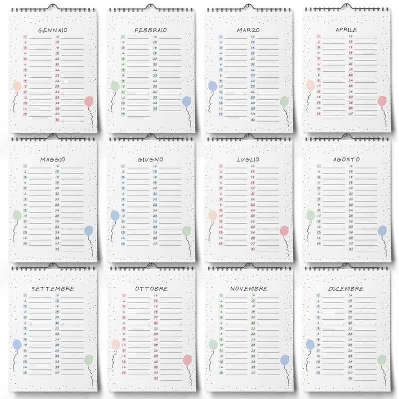 Birthday Calendar Year Independent (Italian) – Perpetual Calendar Undated for