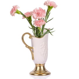 Ceramic Water Pitcher Vase 9.8" Height Decor for Home,Stoneware Living Room Centerpiece Jug,Rustic Farmhouse and Vintage Pottery Gifts Glazed Decorative Vase with Handle (Pitcher ​​vase-White Gold)