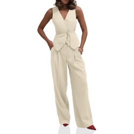 Cicy Bell Womens 2 Piece Outfits V Neck Tie Waist Blazer Vest and Wide Leg Business Casual Suit Pants Sets Apricot