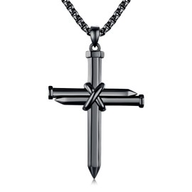 TwoAnts Black Cross Necklace for Men 925 Sterling Silver Nail Cross Pendant Necklace Solid Cross Charm Christian Jewelry Religious Graduation Gifts with 22" Chain