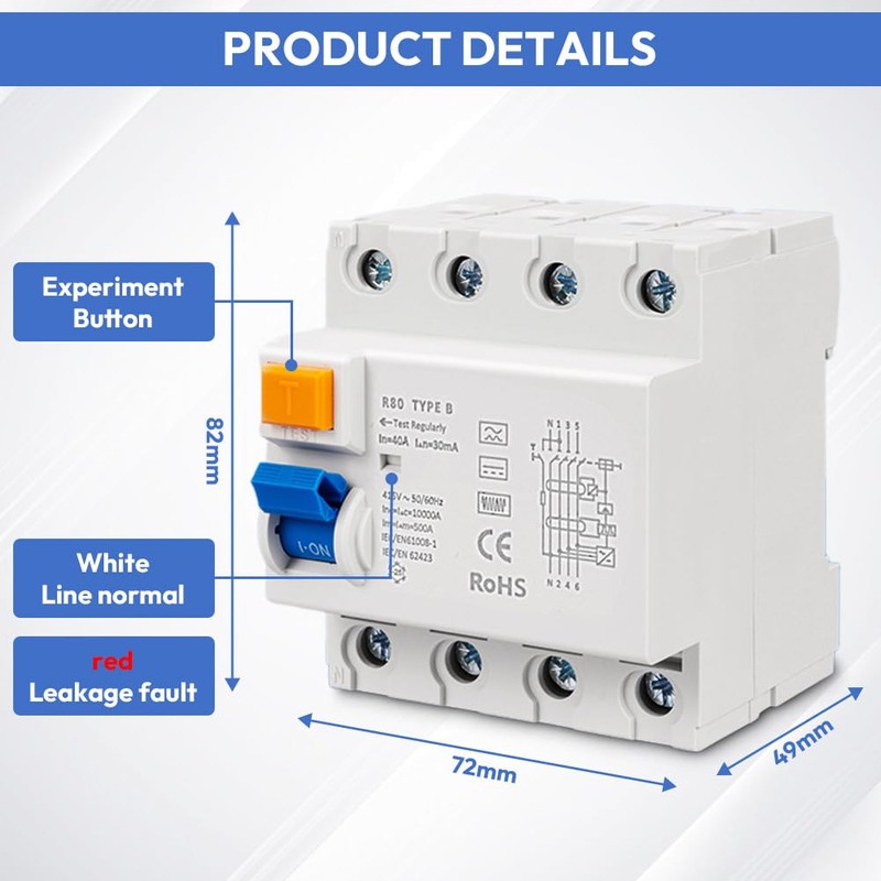 FI Circuit Breaker 40A 30mA 4-Pin Type B Residual Current