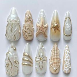 30Pcs French Tip Press on Nails Long Almond Fake Nails with Beach Starfish Shell Ocean Jellyfish Flower Embossed Pattern Rhinestones Nails Design Full Cover Cute False Nail Stick on Nail for Women
