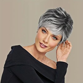 Short Grey Wig for Women Short Pixie Cut Wig with Bangs Natural Layered Synthetic Short Hair Wig for Women Daily Cosplay Party Wig (Black and white mixed color, One size)