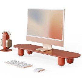 Fenge Monitor Riser, 34 Inch Dual Monitor Stand for Large Monitors, Desk Organizer with Wooden Shelf & Solid Wood Legs, Computer Stand for Laptop, TV, PC, Printer, Red