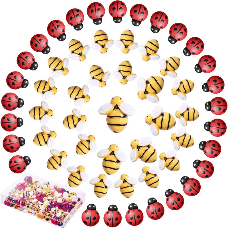 MIKIMIQI 60 Pcs Tiny Resin Bees Ladybugs Decor, Including 30