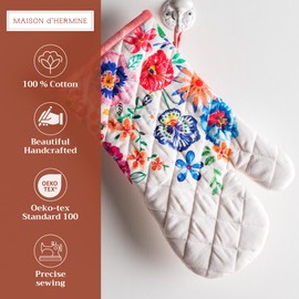Maison d'Hermine Oven Gloves 100% Cotton Oven Mitt 7" x 13" with Loop Heat Resistant, BBQ, Cooking Gloves, Grilling, Kitchen, Handling Hot Pans Spring/Summer (Pack of 1, Happy Florals - High Summer)