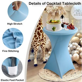 Qubjus 2 Pack Stretch Spandex Round Cocktail Tablecloth 32" x 43" – Elastic Fitted Table Cover for Weddings, Banquets, Parties, Restaurants – Light Blue