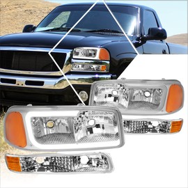 PM PERFORMOTOR [4Pcs-Set] LED DRL Headlights+Bumper Lamps Assembly Compatible with Sierra Yukon XL 99-07,Chrome Housing/Amber Corner