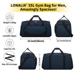LONALIA 55L Large Gym Sports Duffle Bag for Men - 22 inch Mens Travel Holdall Weekend Overnight Bag (Navy Blue)