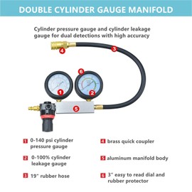Prokomon Cylinder Leak Down Tester,Gasoline Engine Cylinder Dual Gauge Leakdown Compression Tester kit with 10 12 14mm Spark Plugs on Car Truck Motorcycle