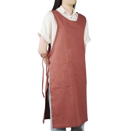 Small snail Women Japanese Style Apron Cotton Floral Solid Color Tabard Ladies Catering Pinafore with Pockets for Garden Cafe Pottery Painting