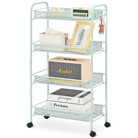 TOOLF 4-Tier Rolling Cart, Metal Utility Cart with 3 Hooks, Easy Assemble Mobile Storage Trolley On Wheels, Metal Shelving Units Kitchen Bathroom Laundry Room