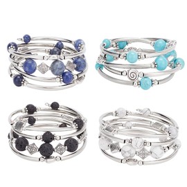 ANATTASOUL Pack of 4 Layered Wrap Bangle Stackable Beads Bracelets for Women Boho Wrap Silver Bracelet Layered Fashion Jewellery Gifts for Birthday Anniversary Valentine's Day, Metal