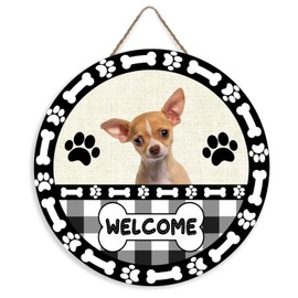 Rustic Dog Door Hanger Chihuahua Dog Paw Print Bone Black and White Plaid Front Door Welcome Sign Funny Animal Dog Lover Gift Circle Wooden Hanging Wall Art for Wall Door Decoration 12 Inch