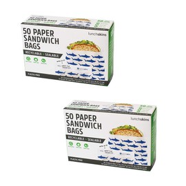 Lunchskins Recyclable & Sealable Paper Sandwich Bags – 100 Count (2-Pack) | Shark Design | Eco-Friendly Grease-Resistant Glassine Snack Bags with Self-Adhesive Closure for Freshness