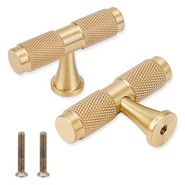 NICENEEDED 2 Pcs Kitchen Cabinet Knob, Gold Brass Dresser Knobs, Single Hole Knob Cabinet T Bar Pull Handles Furniture Door Knobs for Kitchen Wardrobe Cupboard