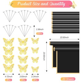 20 Sheets Flower Wrapping Paper, Black Flower Bouquet Wrapping Paper, Flower Pins 3D Butterflies for Bouquets, Floral Wrapping Paper, Wrapping Paper for Flower Bouquet Wedding Birthday Gift DIY