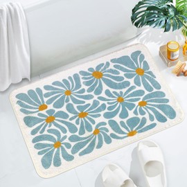 SHIYUE Bathroom Mat Cute Flower Bath Rug, Soft Cozy Microfiber Slip Floor Carpet Decor Absorbent Washable，Bedroom Bathtub Shower(18x26in Teal)