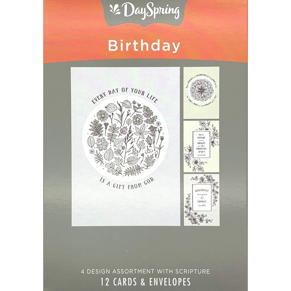 DaySpring - Black & White Birthday Botanicals - 4 Design Assortment with Scripture - 12 Boxed Cards & Envelopes (J0384)