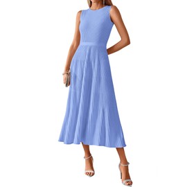 BTFBM Women's Midi Bodycon Tank Dress Summer Crewneck Rib Knit Sleeveless Pleated Swing A Line Business Casual Dresses(Sky Blue, Medium)